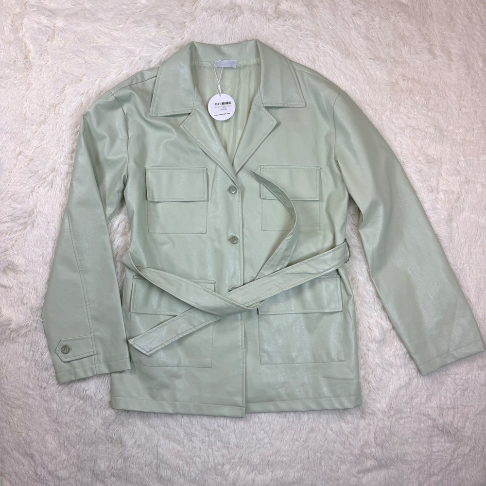 Isalis Emmett Tie Jacket Mint Green Faux Leather Belted Utility Blazer Large